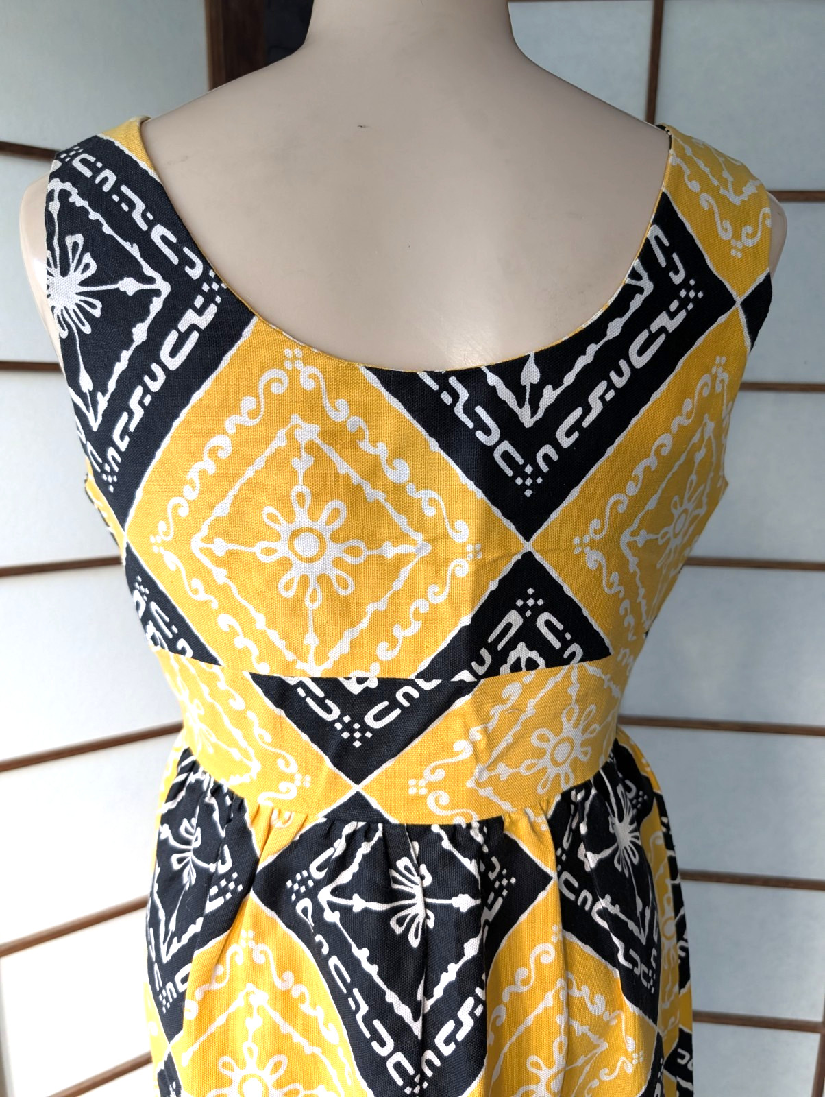 Vtg 70s Malama Hawaii Liberty House Maxi Dress MuuMuu Ylw & Blk Tribal Print XS