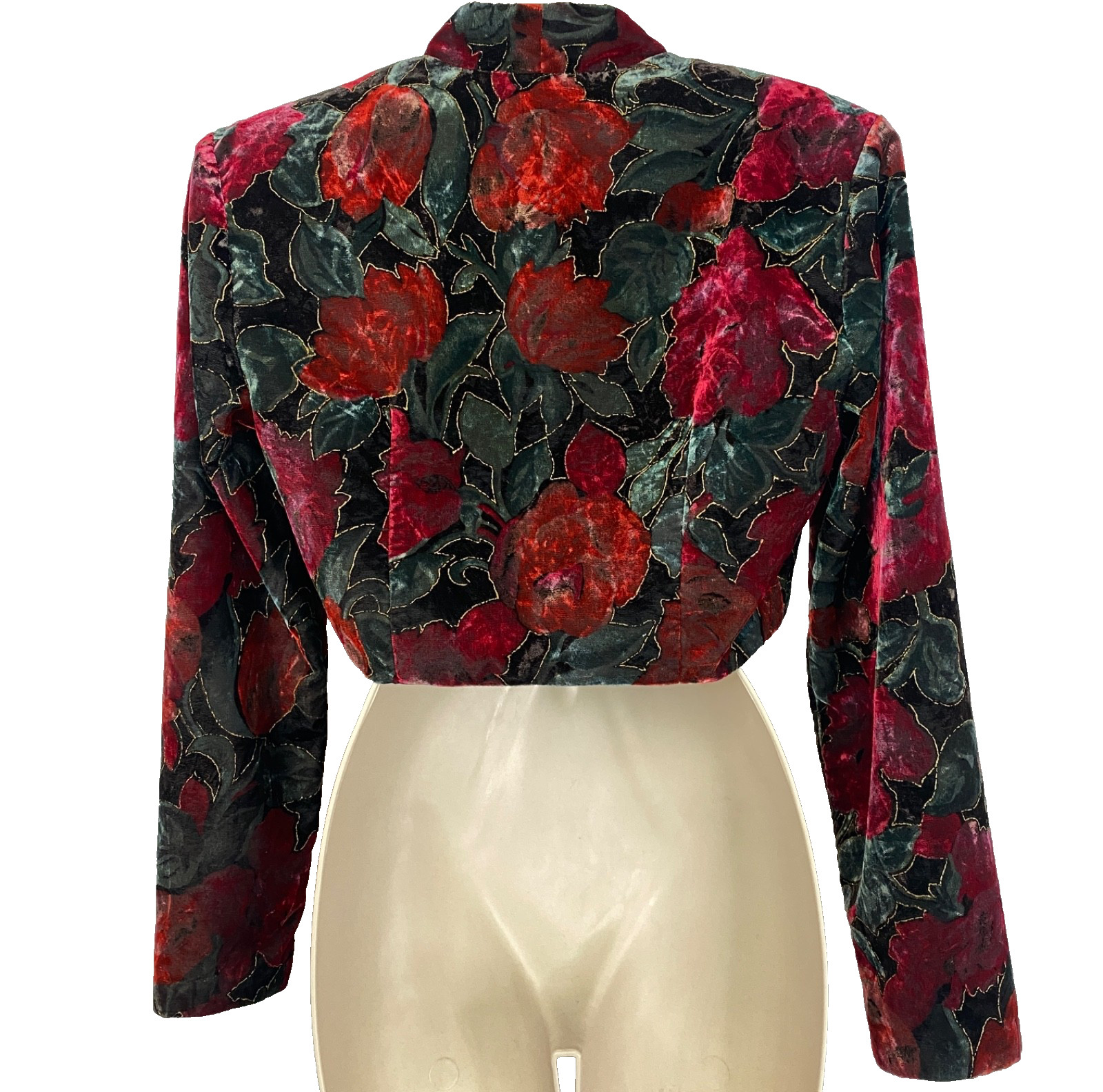 Vintage 1990s red velvet bolero jacket cropped long sleeve rose black green XS