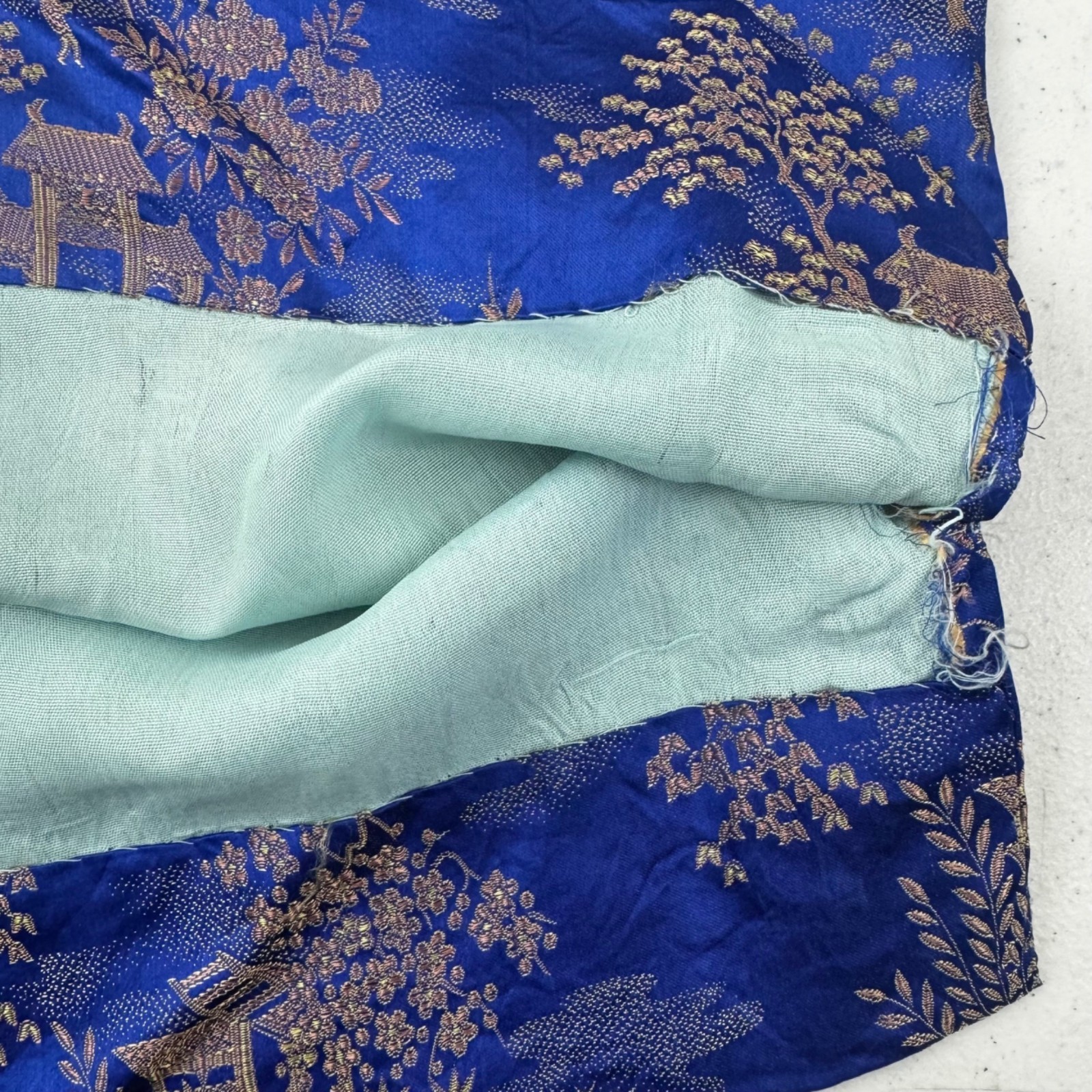 Vintage Blue & Gold Asian Brocade Cheongsam Dress With High Collar & Side Button