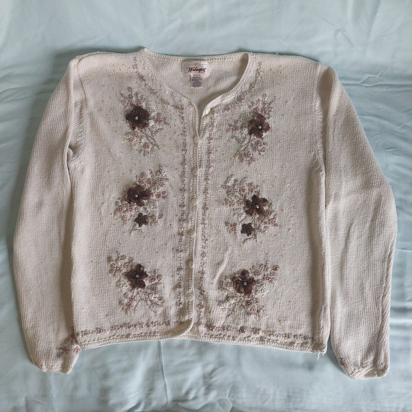VTG Worthington Cardigan Sweater Size M Embroidery Beads Ribbon Floral Ramie