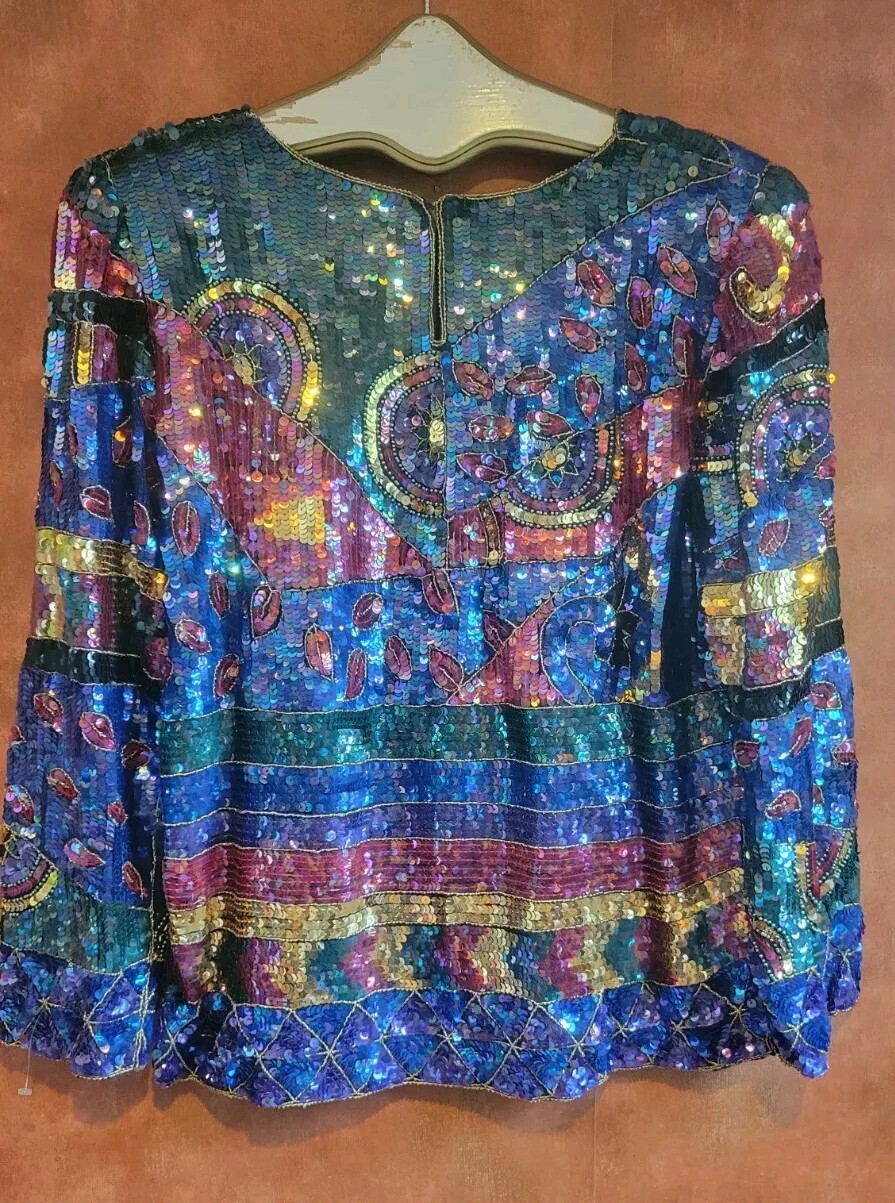 Vintage Jean Joseph Le Bon Stunning Glamorous Multicolor Shirt Sequin Tunic M