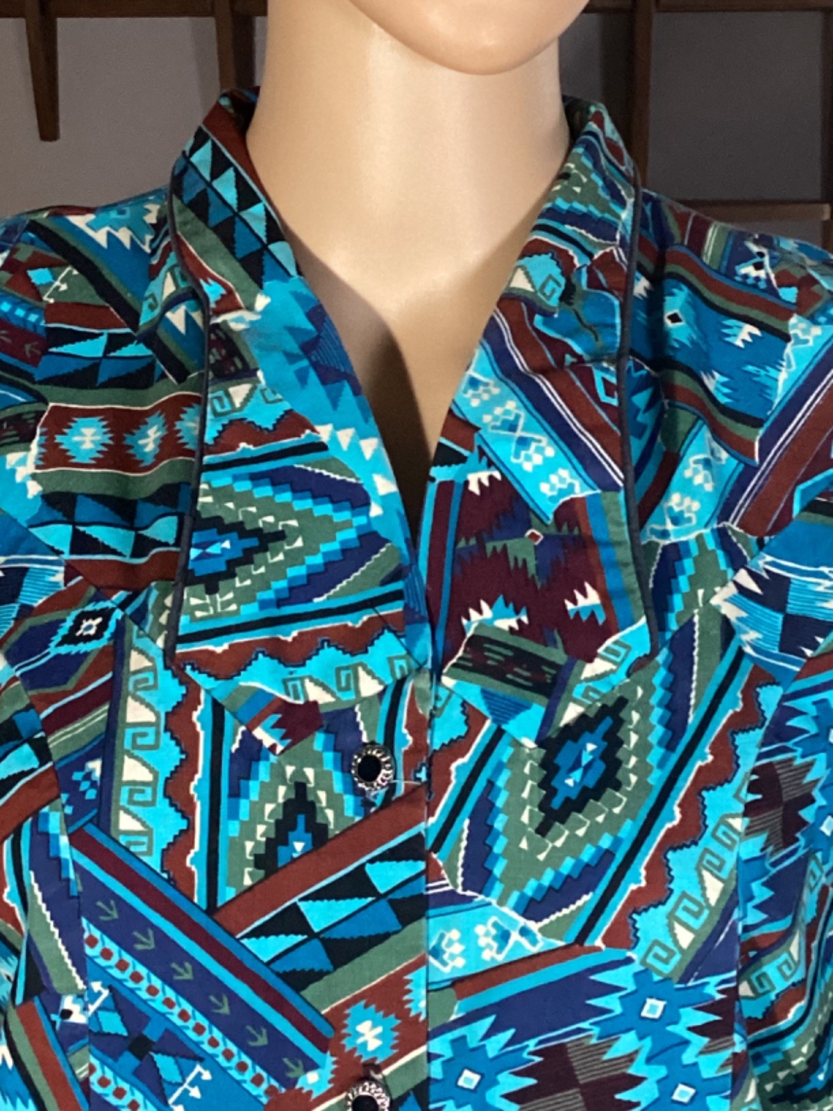 Vintage 90s Banjo Dallas Texas Womens Sz Small Western Shirt Aztec Aqua Blue