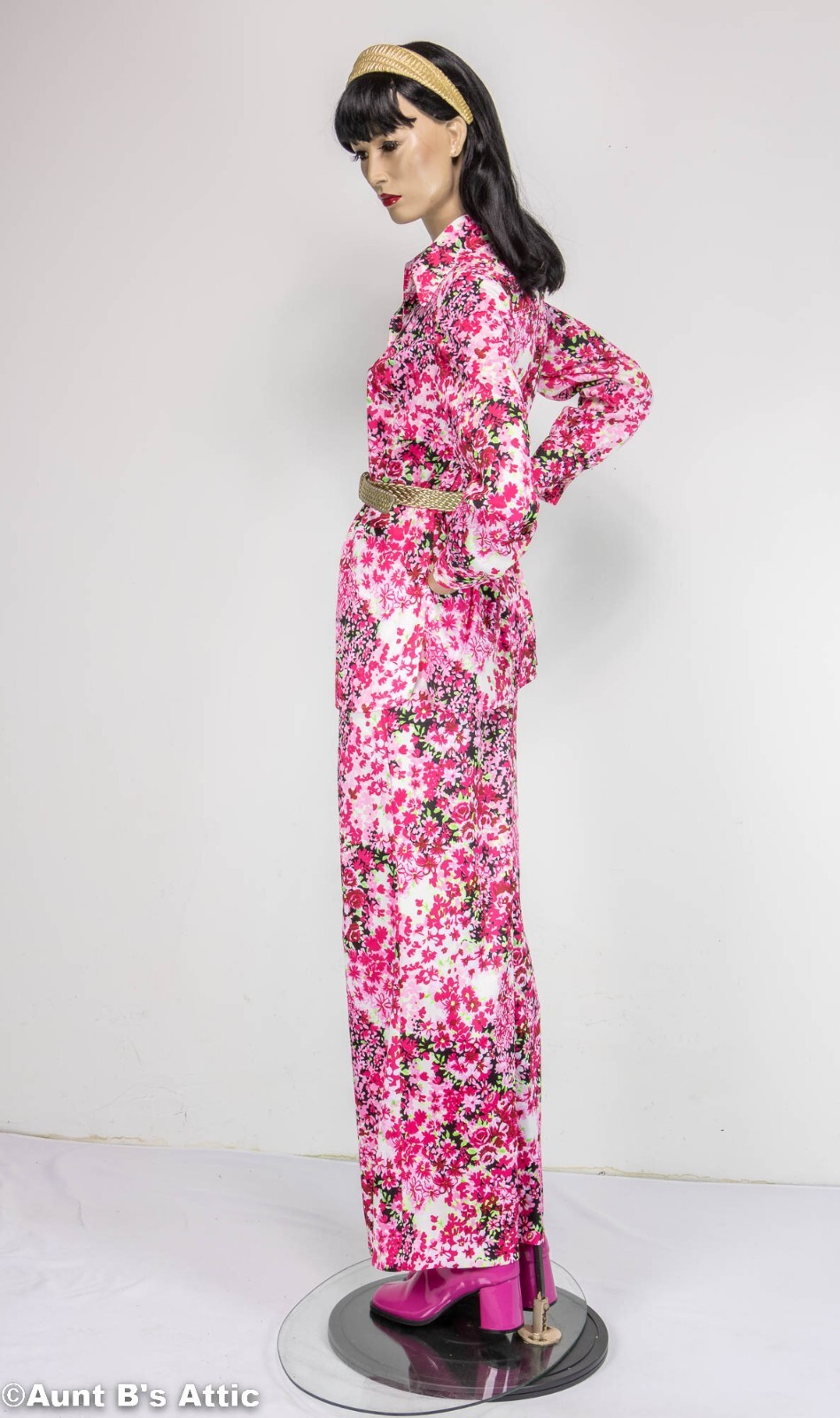 Vtg 70 s Barbie Style Pantsuit 4 Pc Pink Floral Top Pants Belt Headband Medium