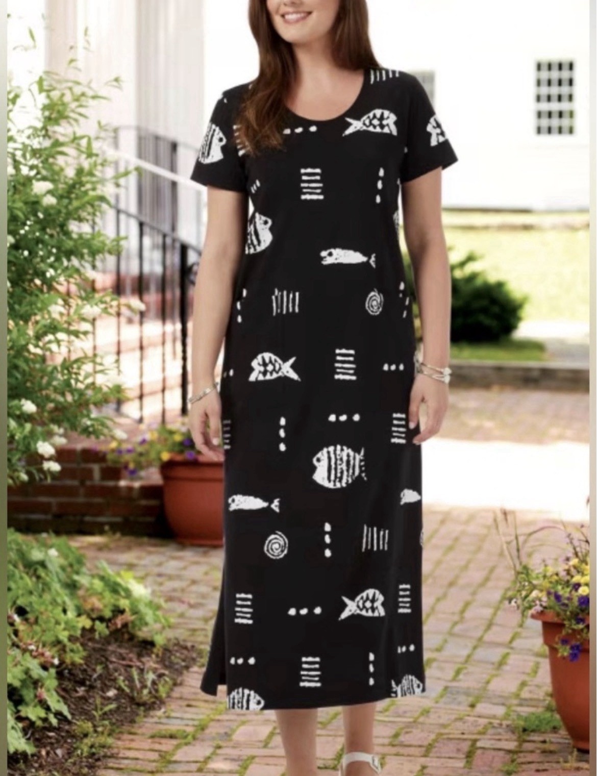 VTG 90s resort-wear tribal fish pattern cotton made USA maxi dress S Petite