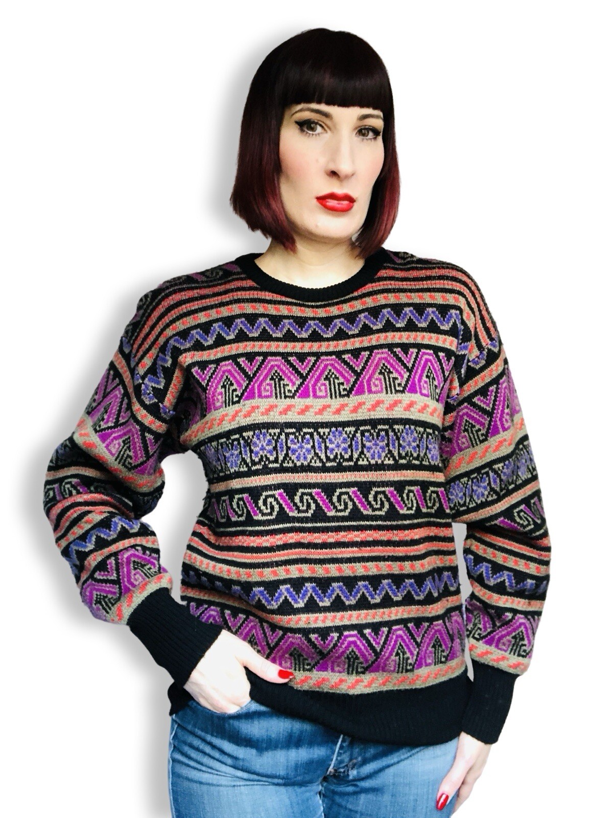 Vintage 1970s 70s Geometric Striped Colorful Knit Pullover Sweater M L XL