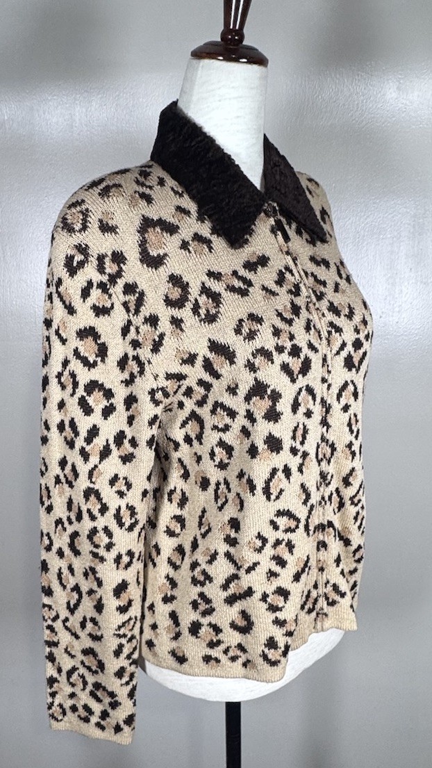 San Remo Vintage 80s Leopard Print Full Zip Faux Fur Plush Collar Cardigan Sz S