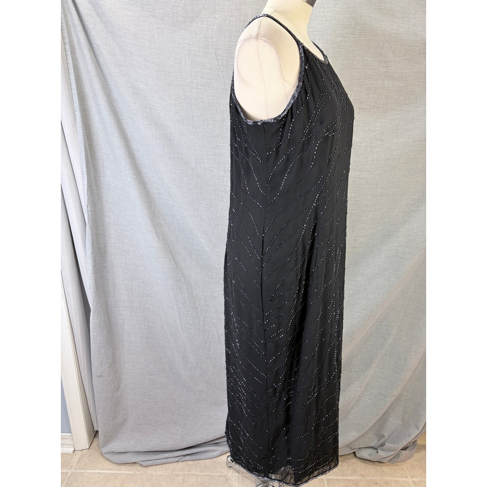 Onyx Nite Black Iridescent Beaded Slip Gown Formal Maxi Dress Vintage 12