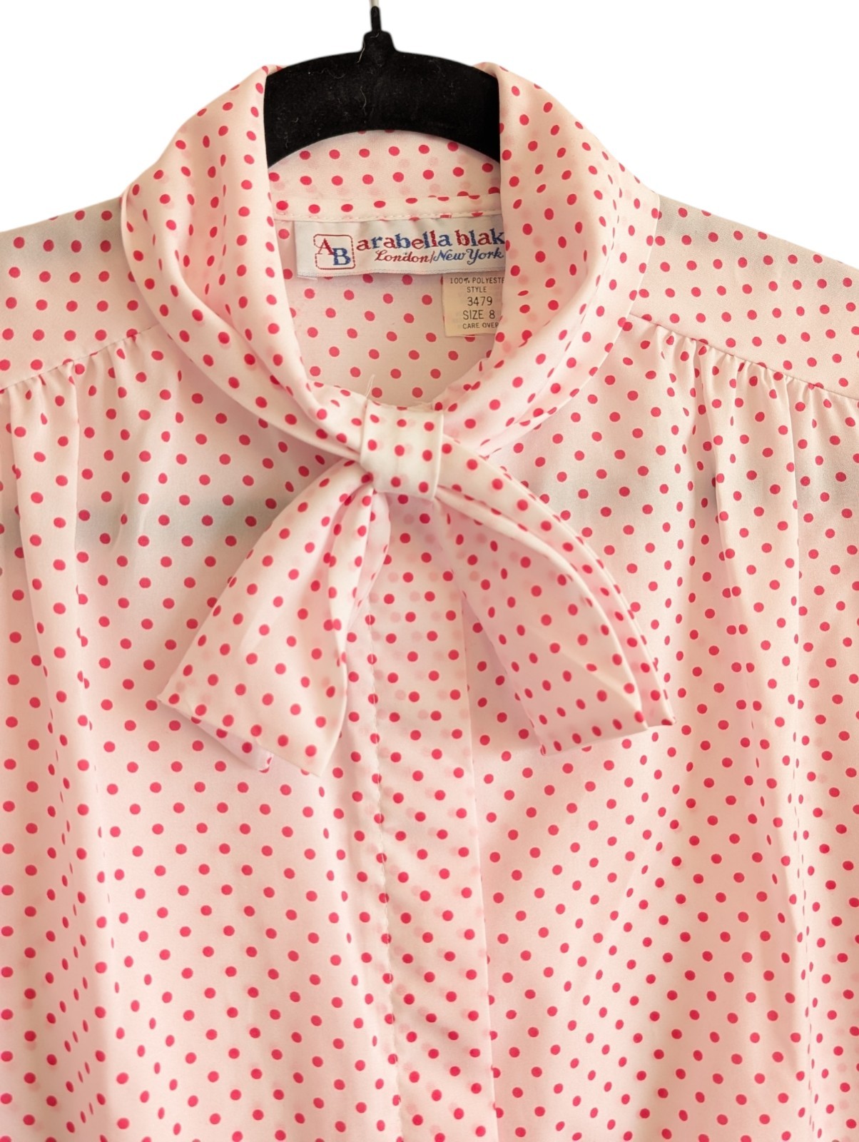 Vtg Arabella Blake Pink Polka Dot Bow Blouse Button Down Retro 70s