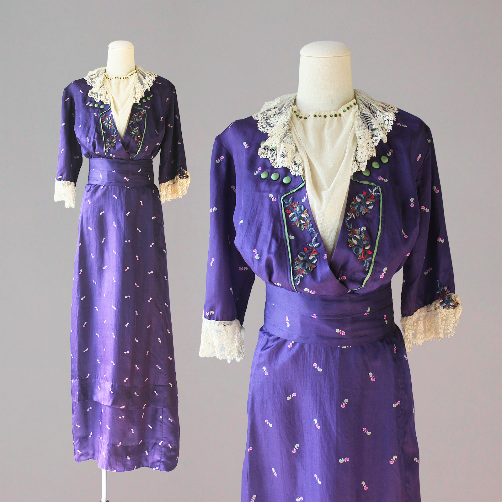 Antique 1910s Edwardian Purple Printed Silk Embroidered Dress Stunning! EX COND!