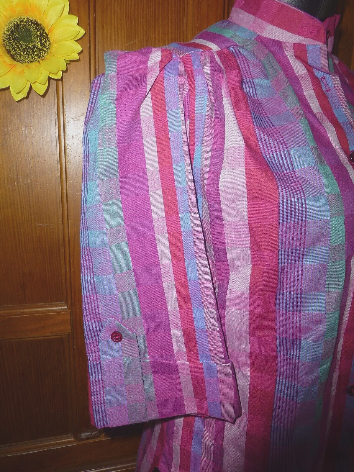 New Tag Vtg 80s Berry Green Check Geo stripe Secretary Boho Tunic Top Blouse NOS