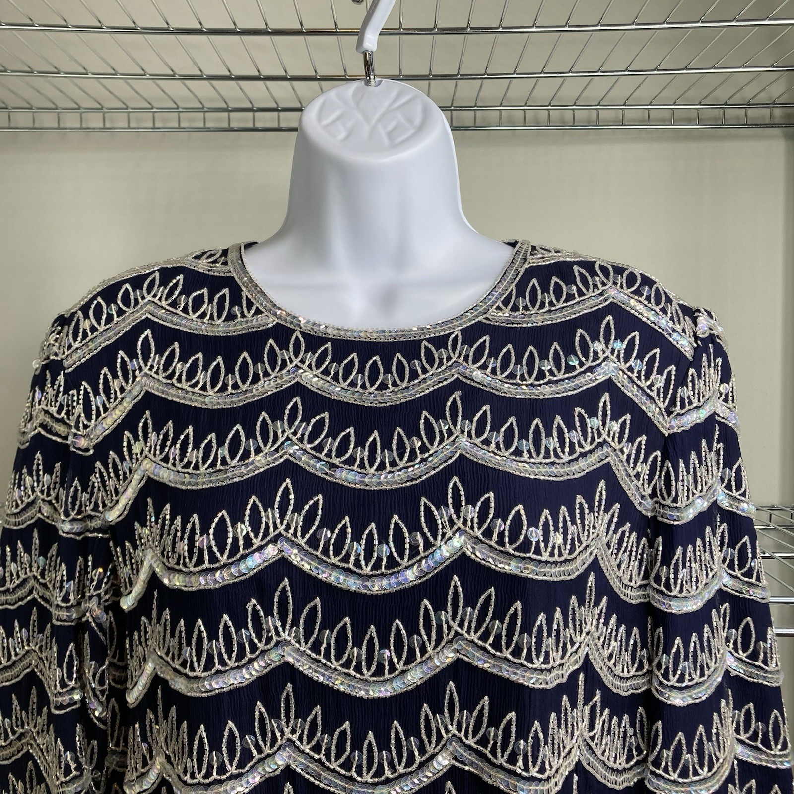 VTG 80s Frank Usher Navy 100% Silk Beaded Top Sz S Silver Sequin Evening Blouse