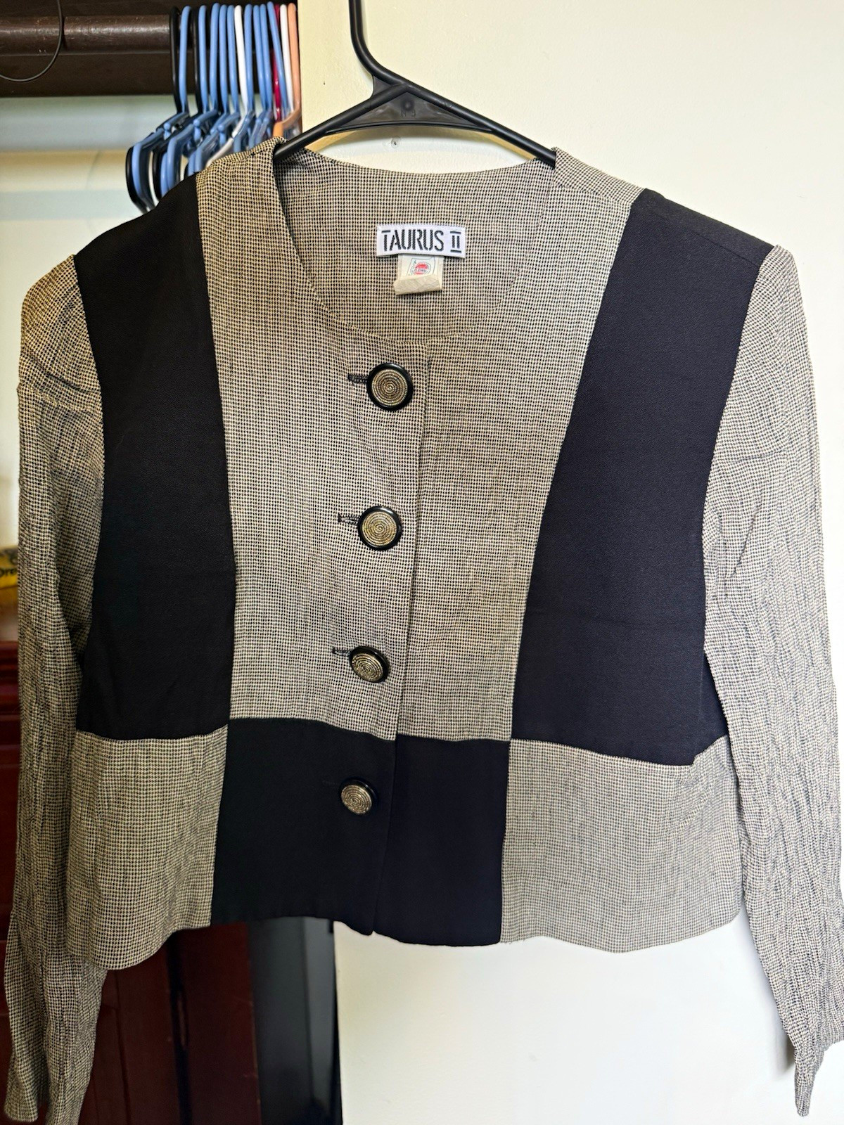 Vintage 90s Taurus II Color Block Blazer Jacket Houndstooth Cropped Petite 6P