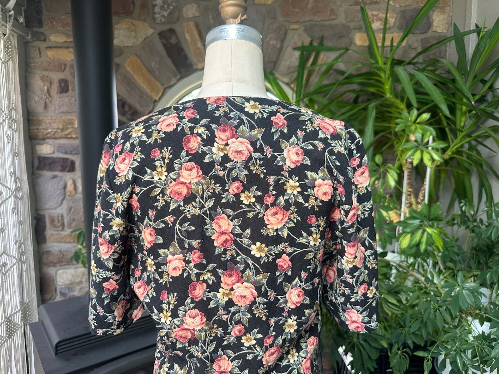 Vintage 1980s Black Pink Green Floral Rayon Dress