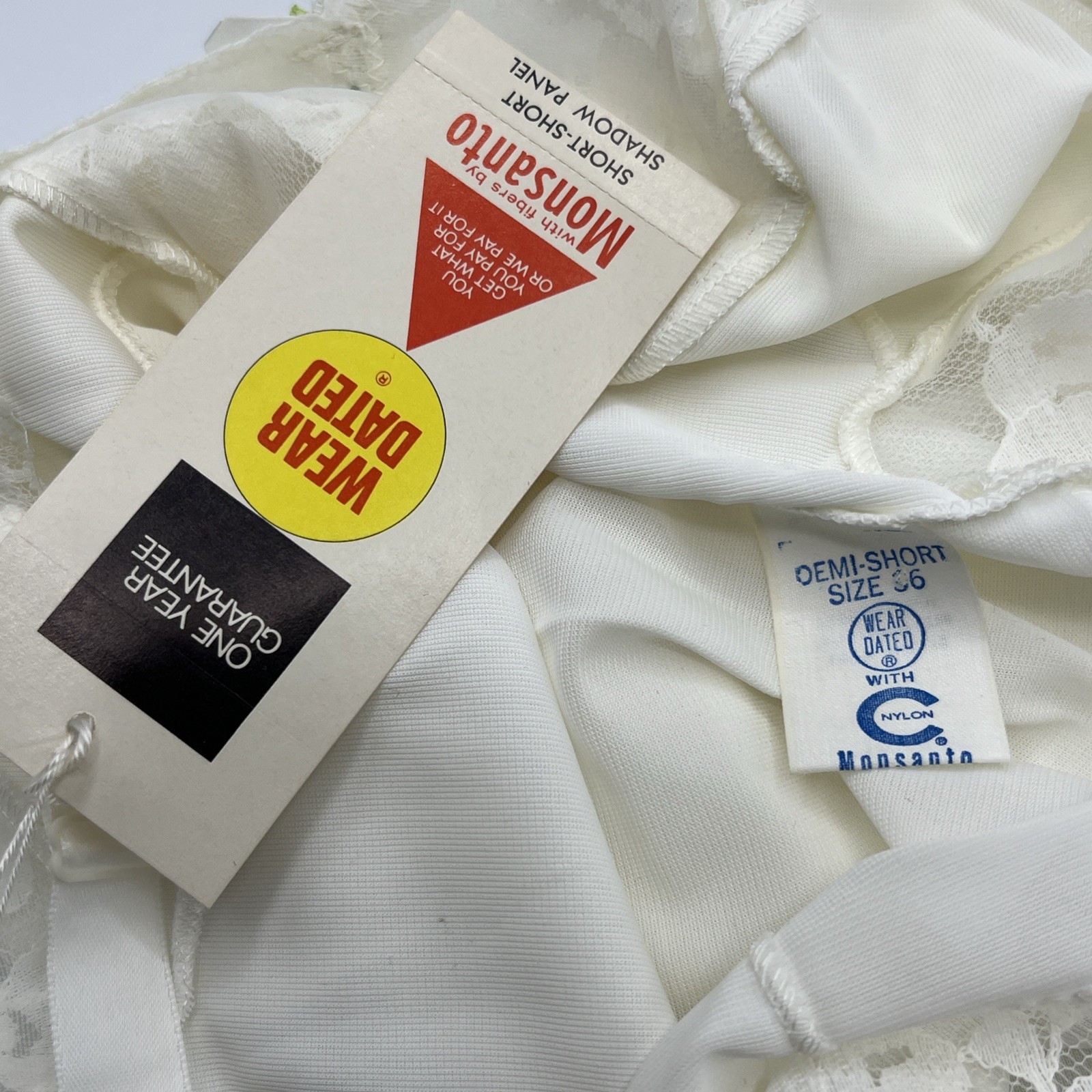 Vintage Monsanto White Nylon Full Slip Mini Demi-Short Size 36 Shadow Panel