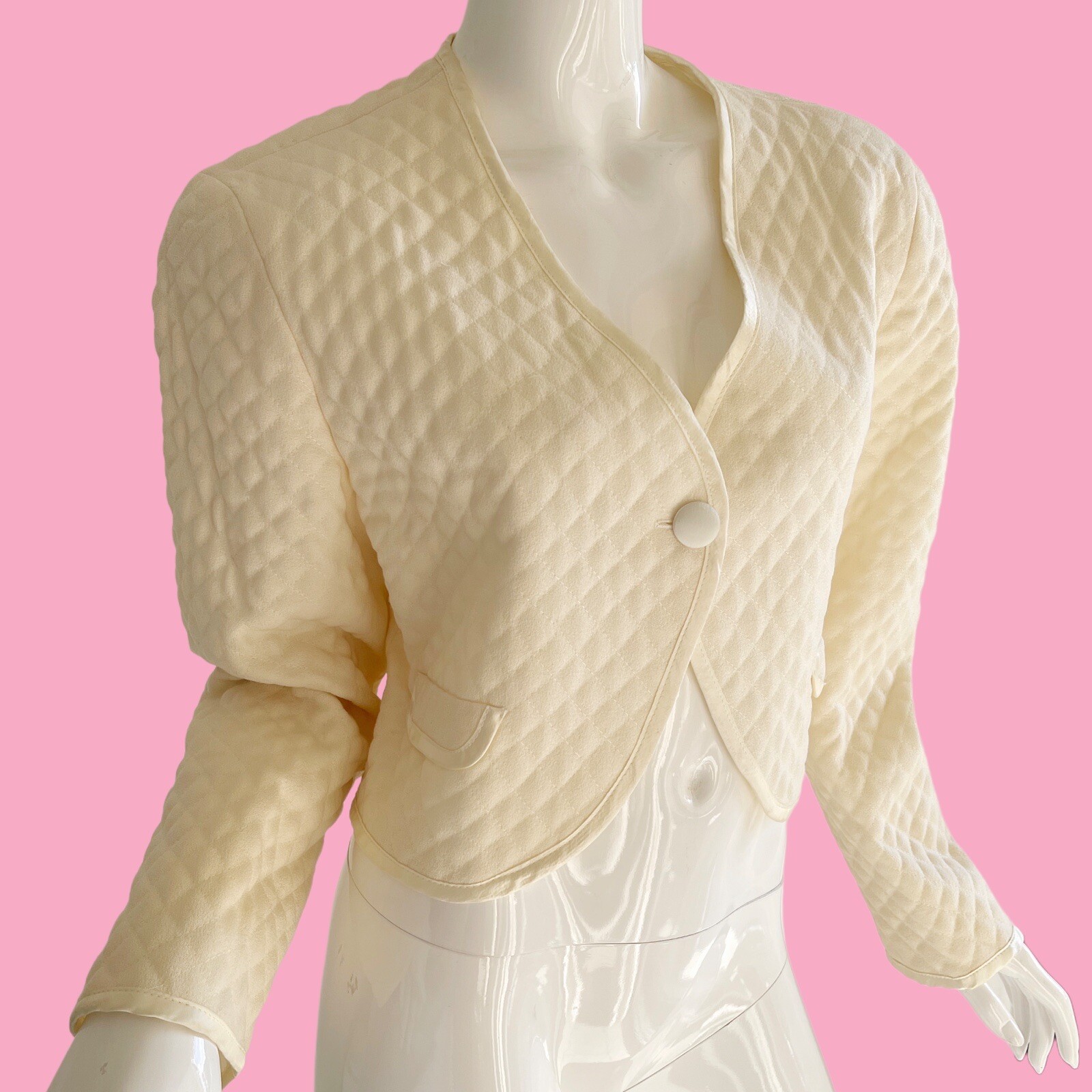 80s Geoffrey Beene Quilted Jacket Ivory Wool Tuxedo Mod Jacket Large