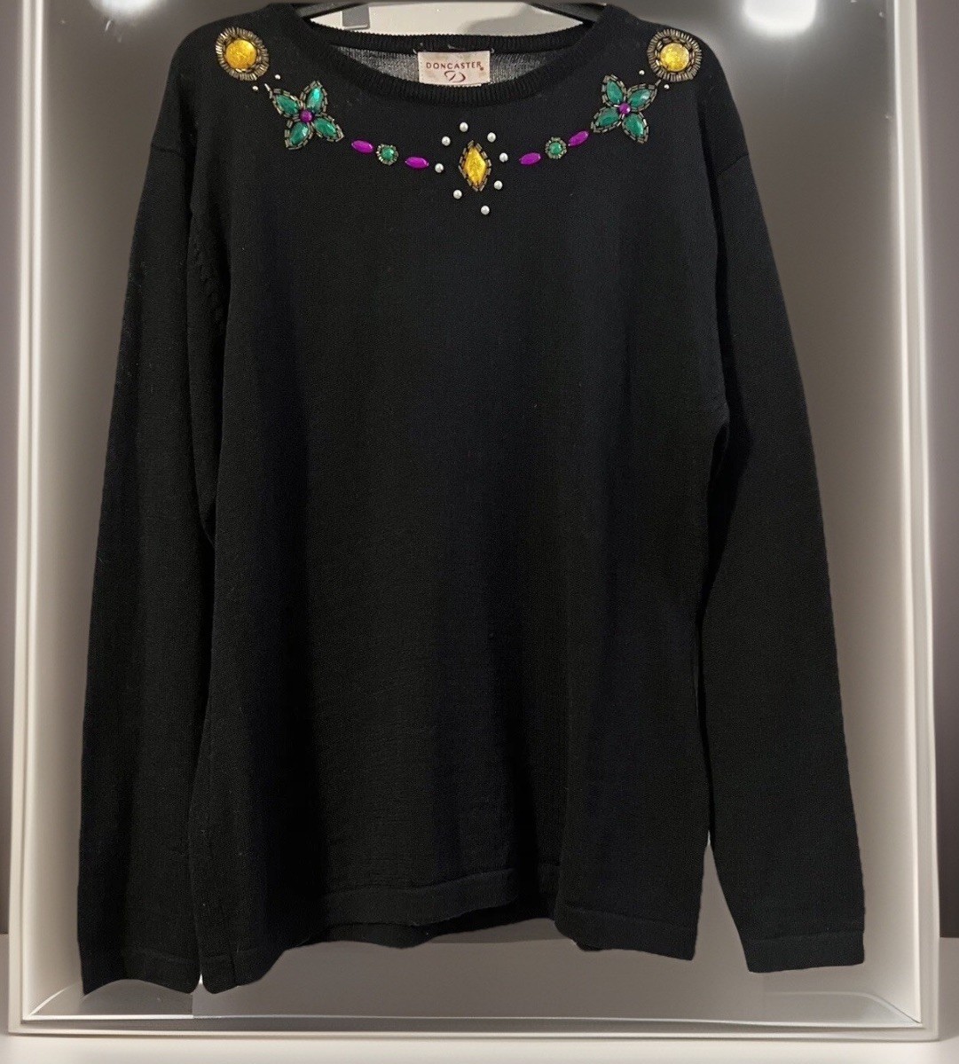 VTG Doncaster Sweater Women LG Black Bedazzled Neckline Wool Blend Castlecore