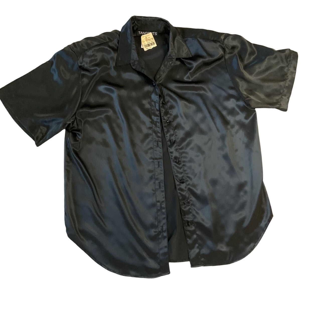 NWT Tangents Black Satin Dressy Silky Collared Short Sleeve Blouse Shirt Size 10