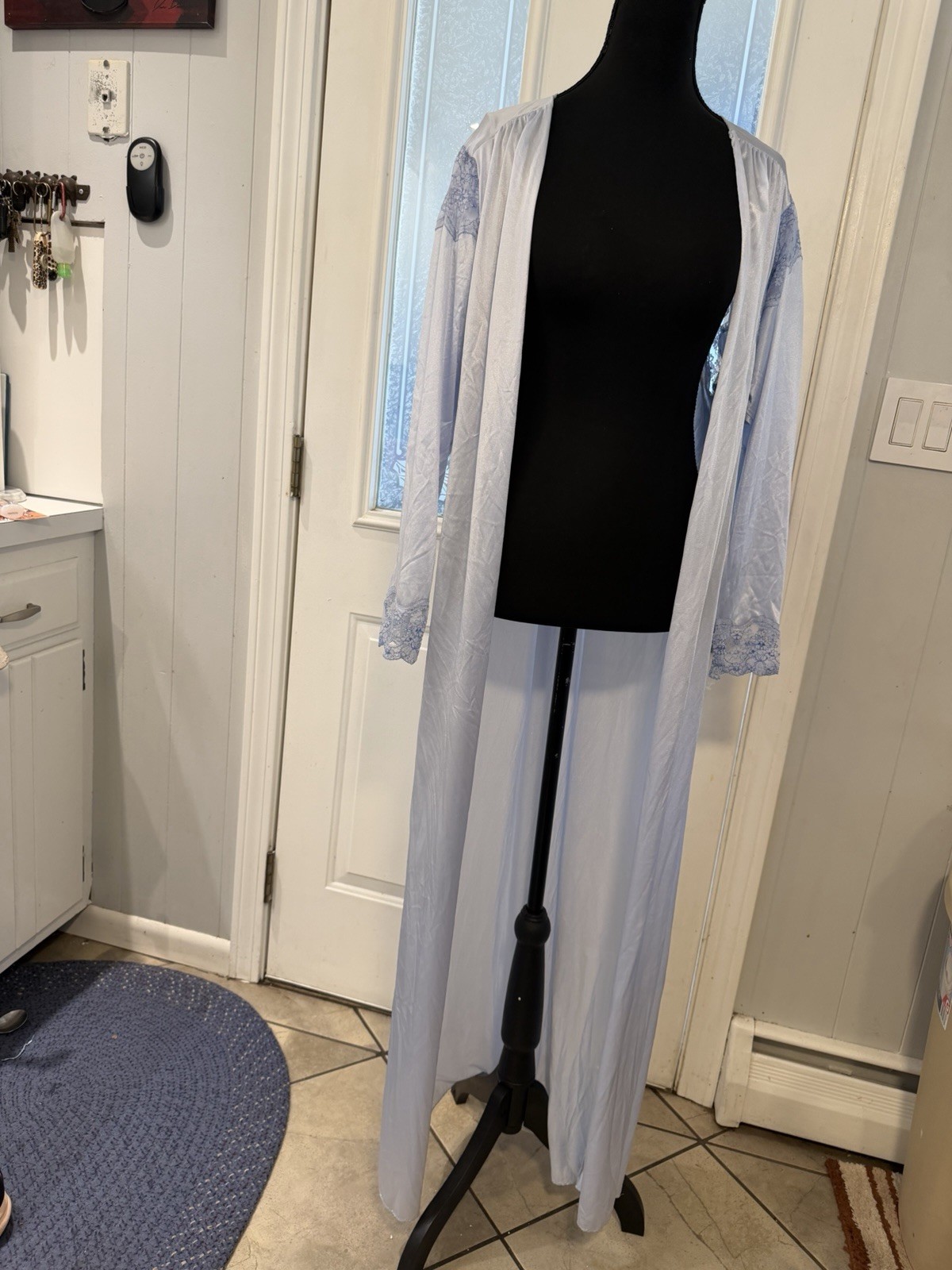 Vintage Val Mode Baby Blue Lace Trim Long Dressing Gown Robe