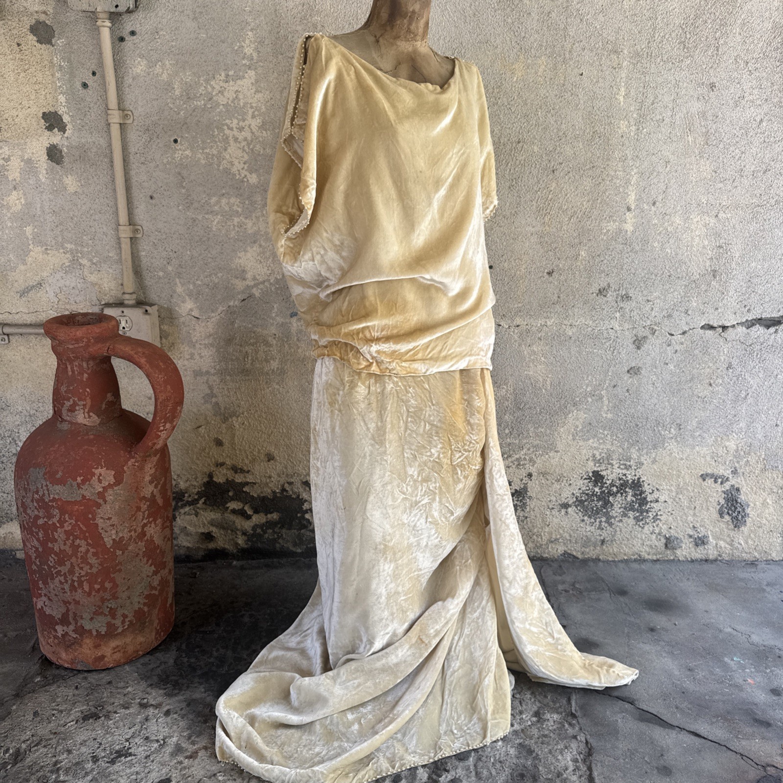 Antique 1920s Cream Silk Velvet Dress Pearl Trim Gathered Maxi Teens Vintage
