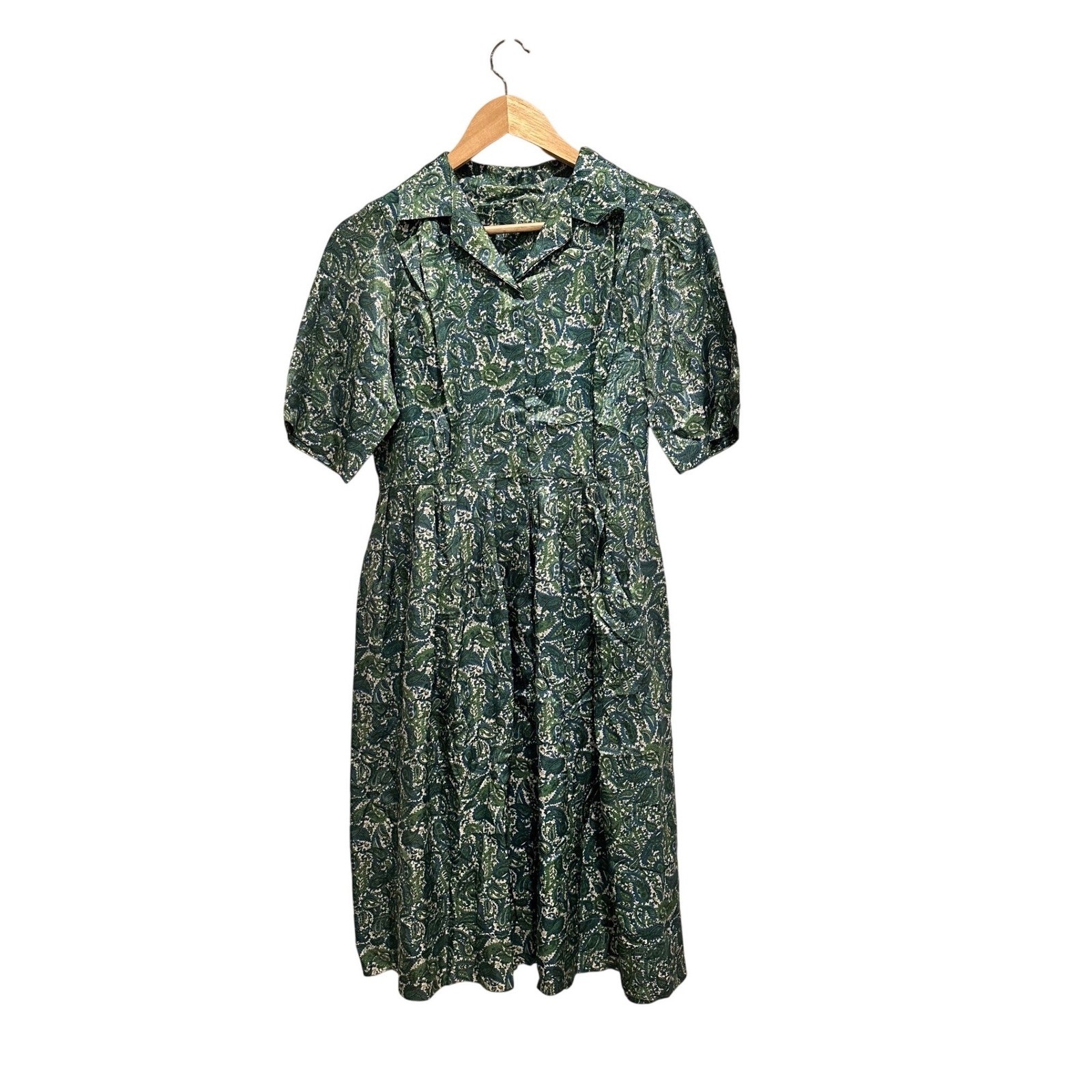 Vintage Handmade Green Paisley Shirt Dress Short Sleeve Pleated A-Line Midi