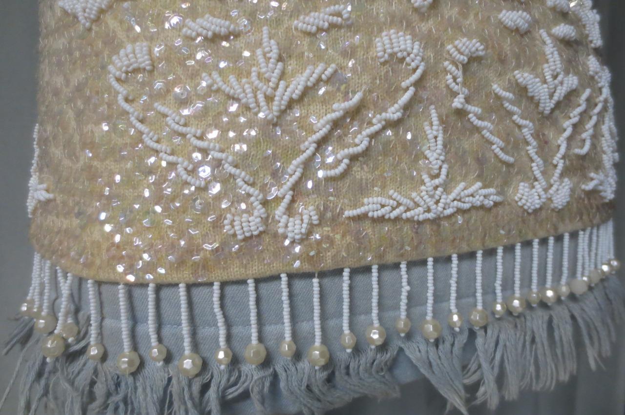 Vtg Hong Kong Wool Lined Sparkle Sequins Cream Shell Dangly Fringe Size Medium