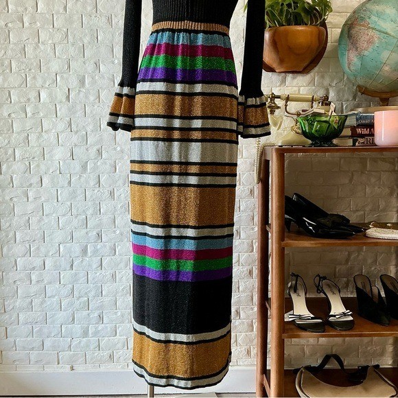 Vintage 1970s Italian Metallic Striped Colorblock Glitter Lurex Ribbed Knit Gown