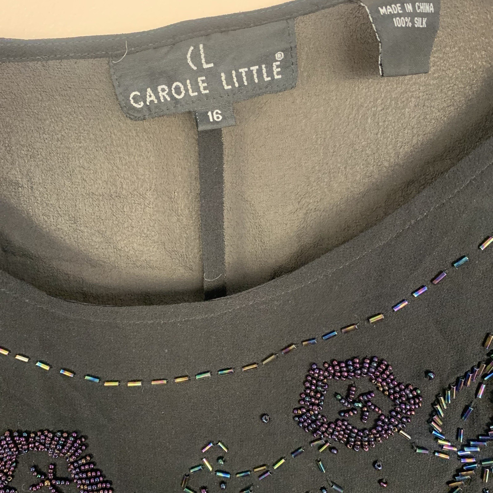 VTG Carole Little 100% Silk Sheer Beaded Blouse Black Sz 16