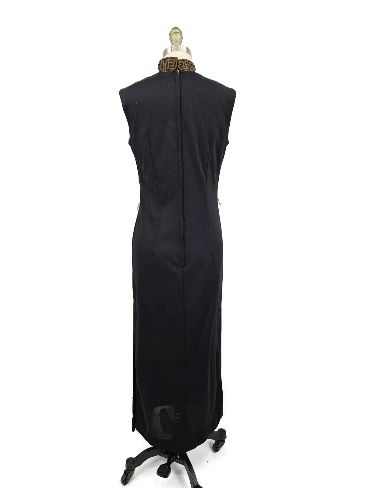 Vtg Alfred Shaheen Black Gold Cheongsam Dress Womens 10 Asian Inspired Slit