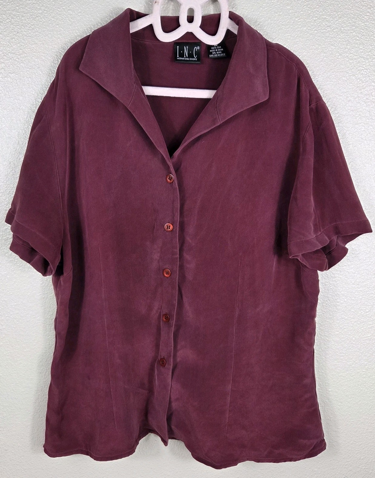 INC International Concepts 100% Silk Button Front Blouse Burgundy Wine Size 10 V