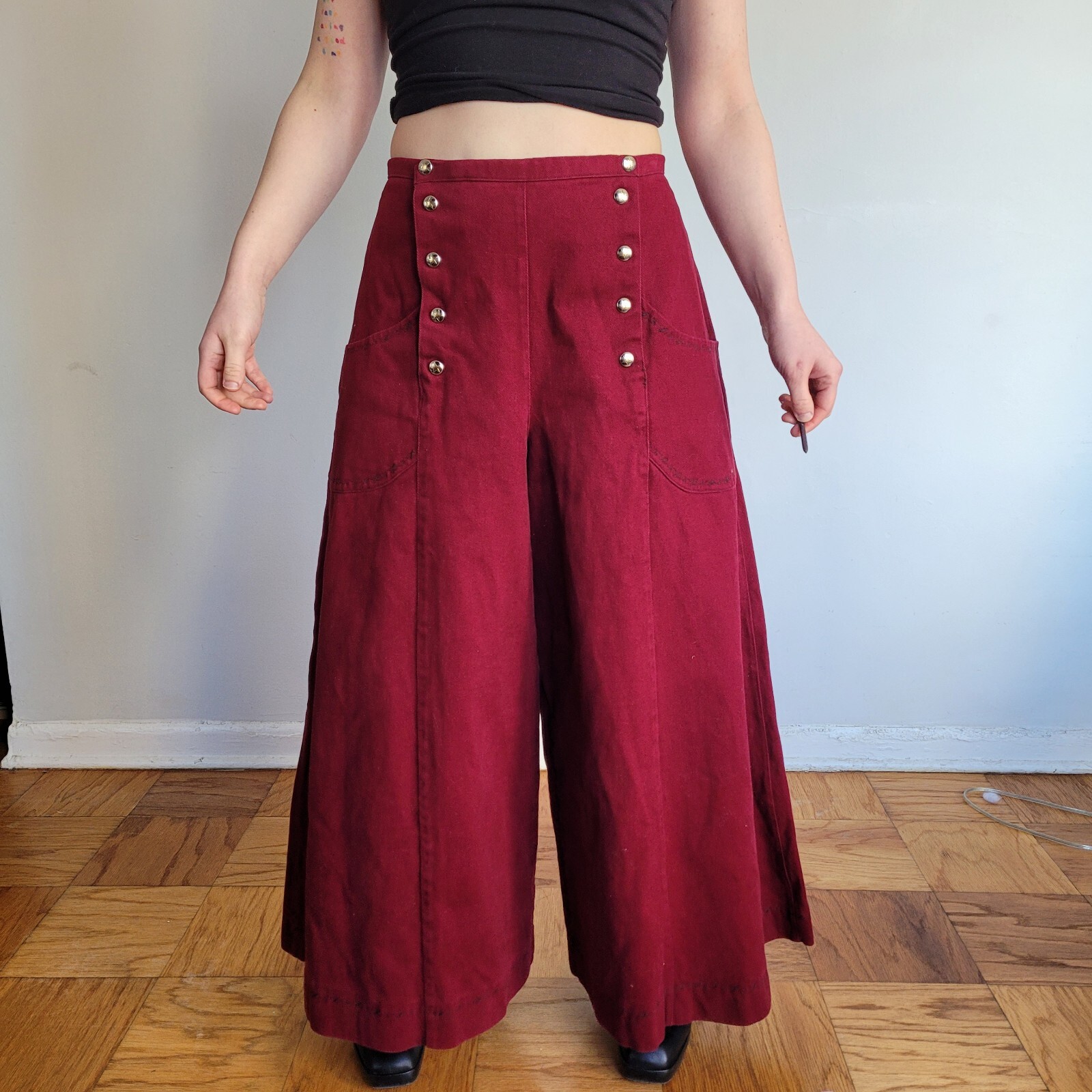 Vintage Maroon Wide Leg Bell Bottom High Waist Pant Hippy Rave 24″ Bell Size 29