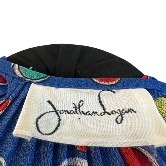 Vintage Jonathan Logan 1975s Paint Dot Print Crepe Blue MultiColor V Neck Dress