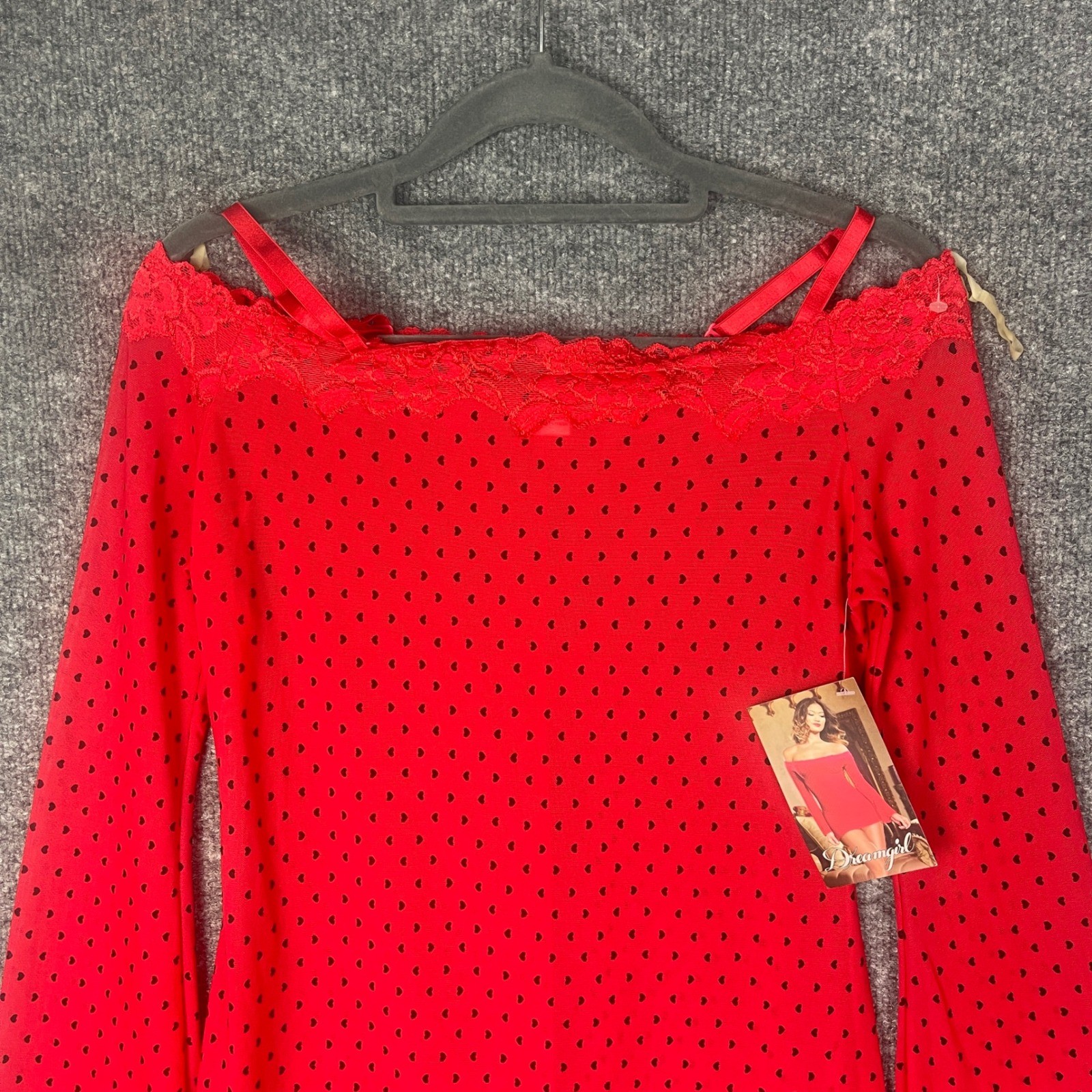 NEW VINTAGE Y2K Dreamgirl dress Small Red polka dot Heart Mesh Off Shoulder
