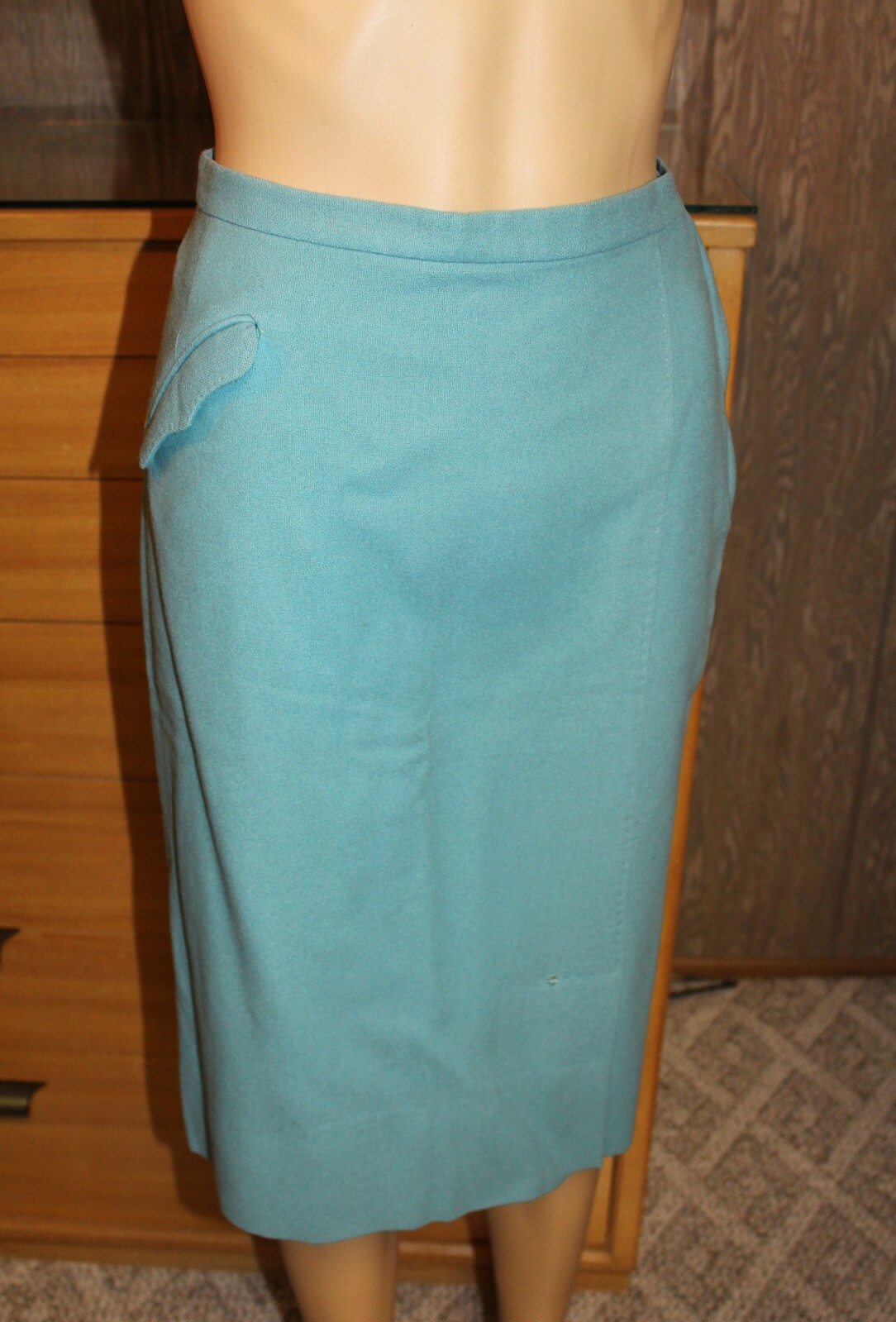 VTG 60s BLUE GREEN WOOL PENCIL WIGGLE SKIRT SPORTEMPOS CUSTOM-CONTOURED 25-26W