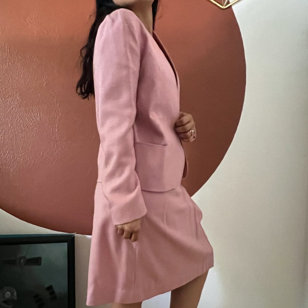 Vintage 1970s Pink Skirt Suit Pleated Blazer Set Small Wool Blend