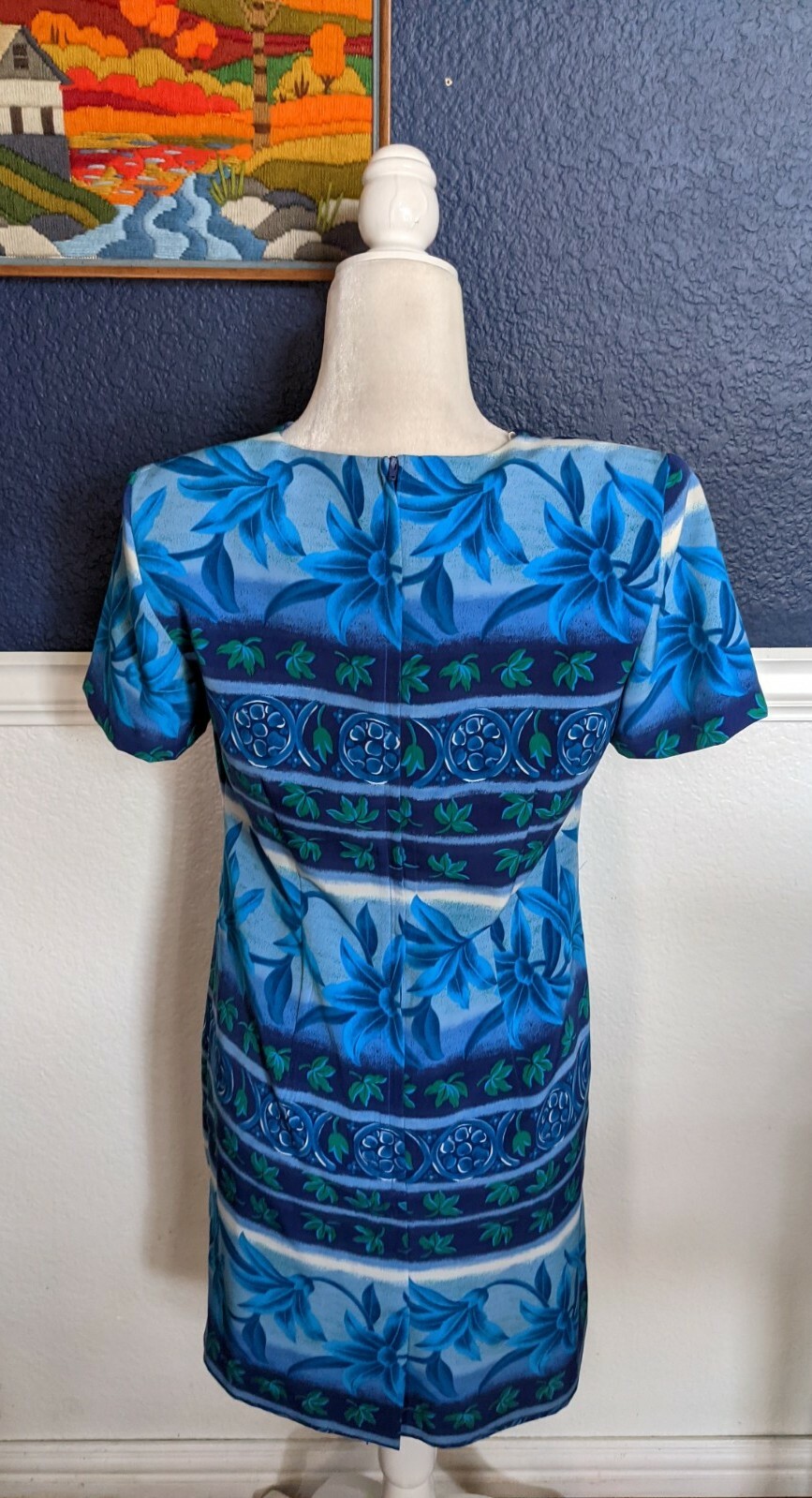 VTG Betsy Lauren Dress 1990s Short Sleeve Blue Tropical Dress Sz Petite 6 Small