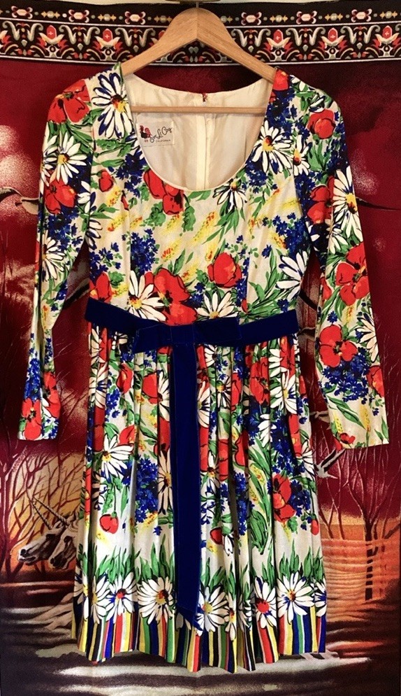 1970s Eve Le Coq California Floral Mini Dress | Velvet Ribbon Waist Fit & Flare