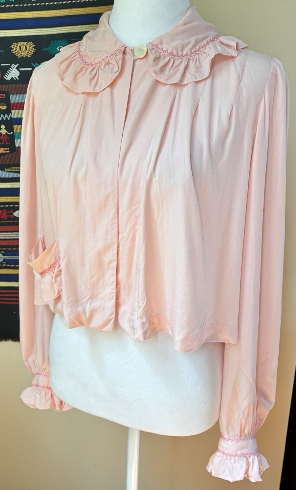 Vintage 40s/50s Handmade Pink Bed Jacket w Ruffle Collar & Embroidery