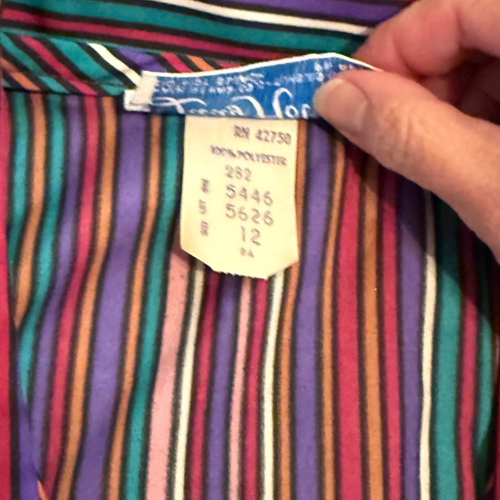 Vintage Lady Holiday Striped Button Up Blouse Multi Color Long Sleeve Size 12