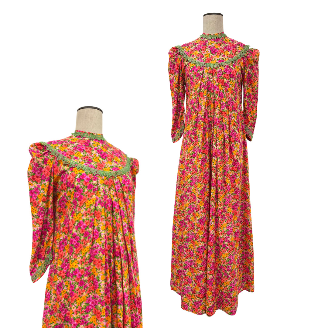 Vintage 1970s Carol & Mary Honolulu Pink Dayglo Puff Sleeve Pleated Maxi Dress