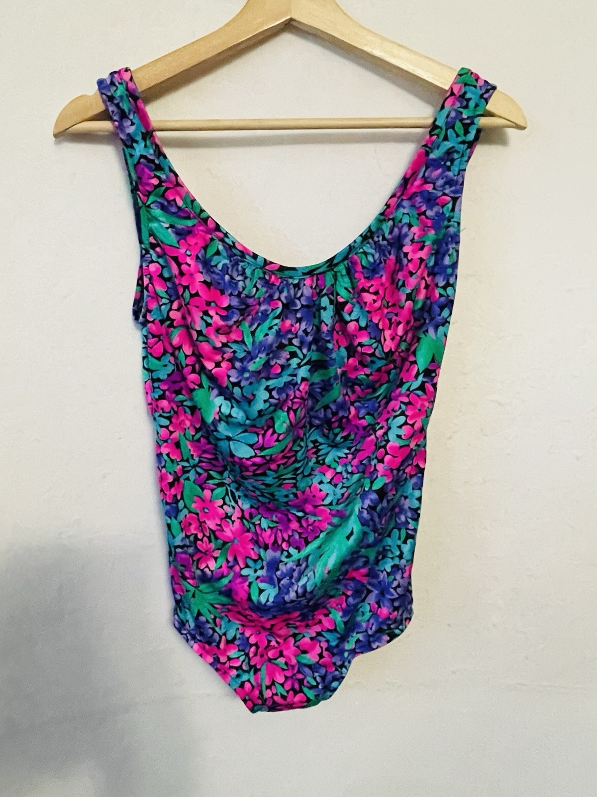 Vintage Maxine of Hollywood Floral One Piece Swimsuit Purple Teal Pink Size 16W