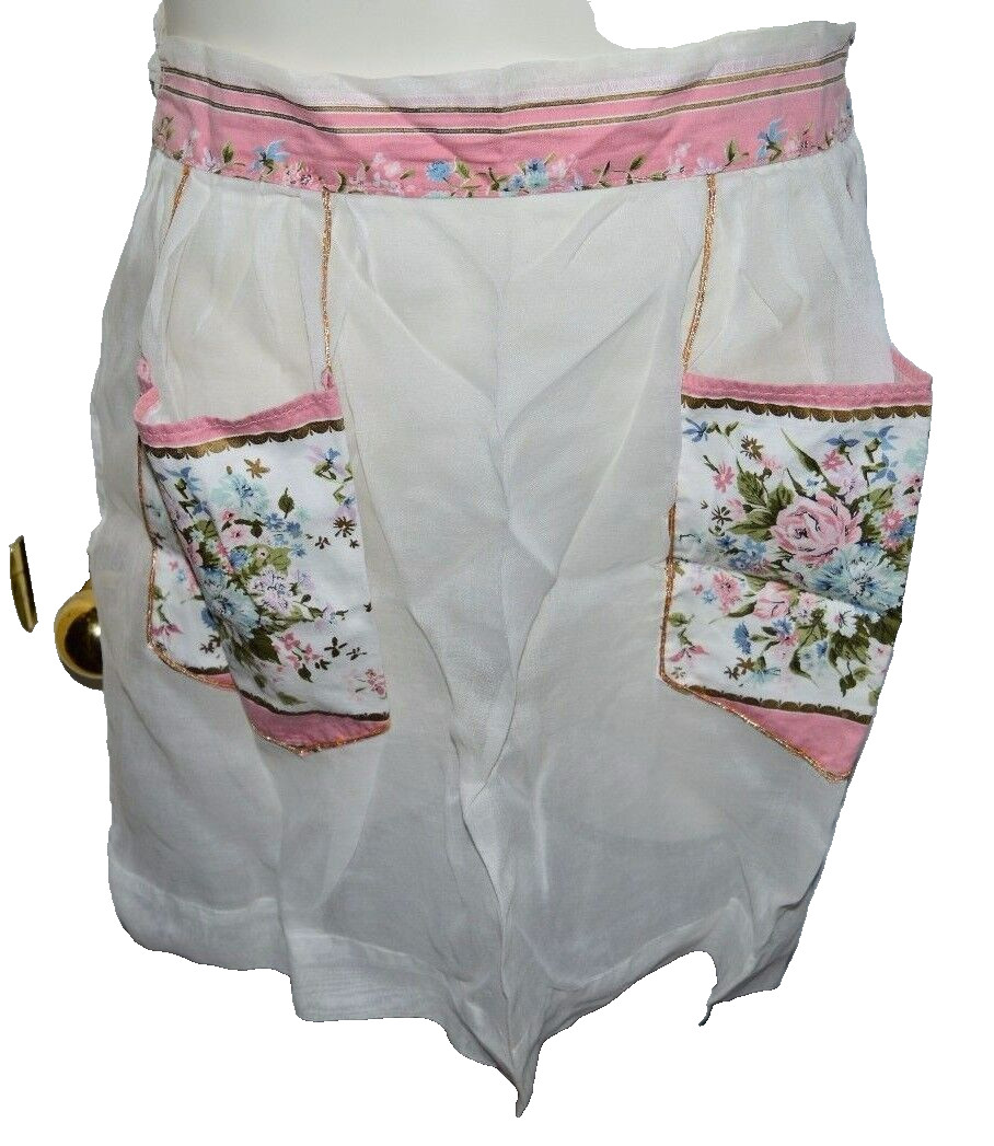 Mid Century Multi-Color Blue Pink Gold Floral Cotton Blend Pocket Apron Vintage