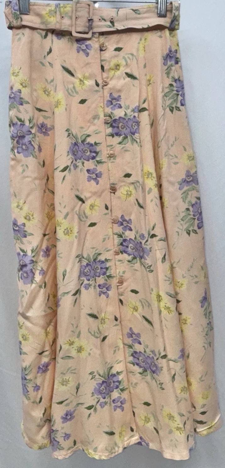 QPS Women Size 4 Vintage Button Up Belted Midi Godet Skirt Peach Floral Pockets