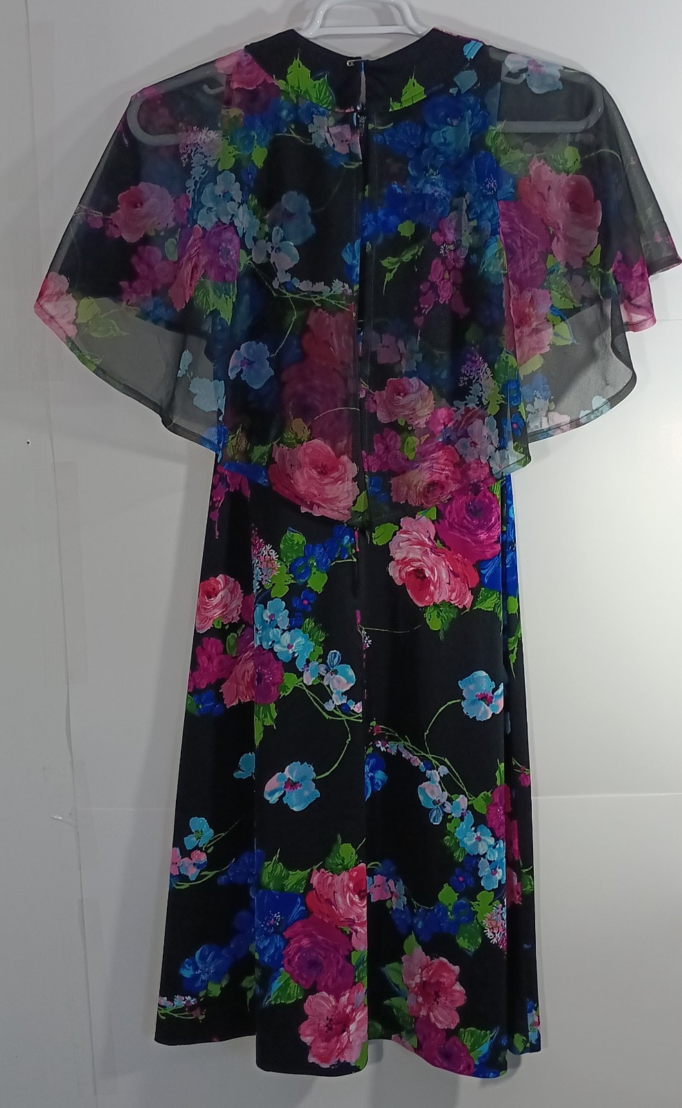 Vintage Floral Cape Sleeve Secretary Dress Black Pink Blue Chiffon Belted Sheer