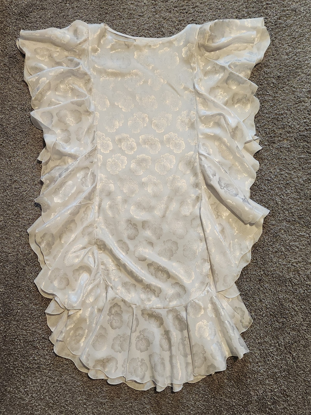 Vintage Miss Ashlee White Floral Jacquard Pattern Ruffle Dress & Scarf Tie Sz 8