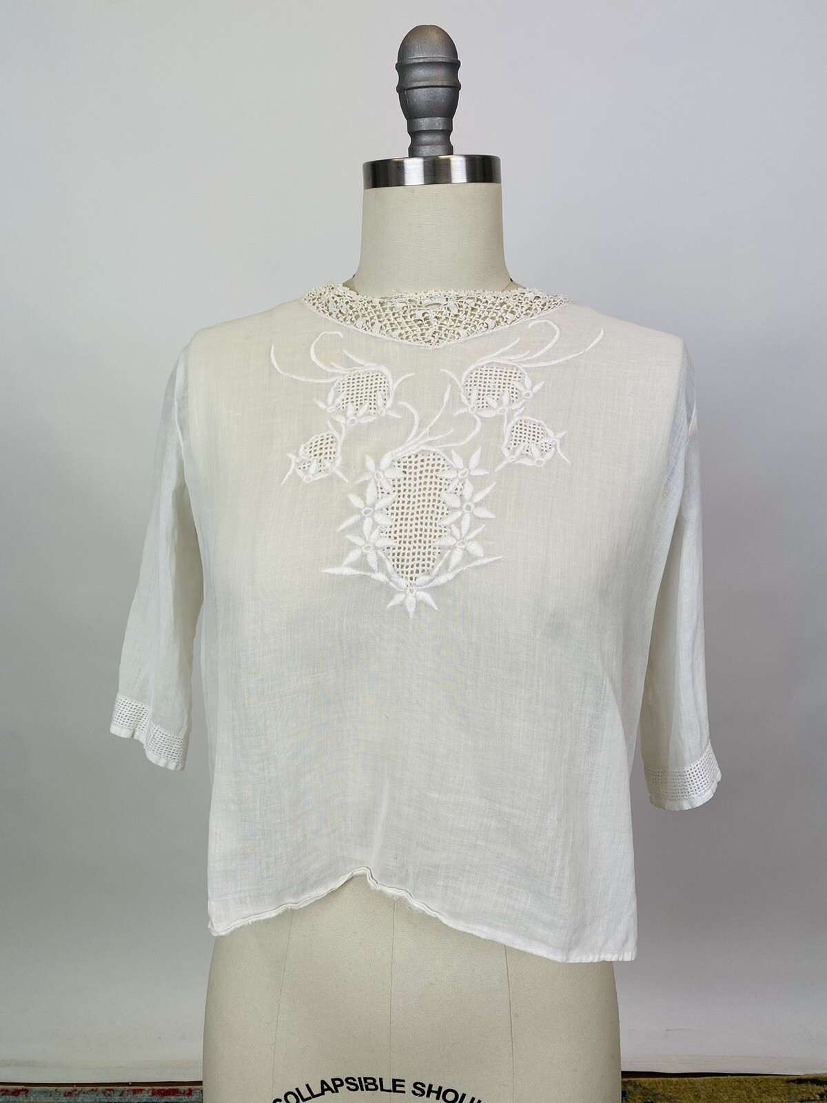 Antique Edwardian white cotton blouse with crochet lace and embroidery as is