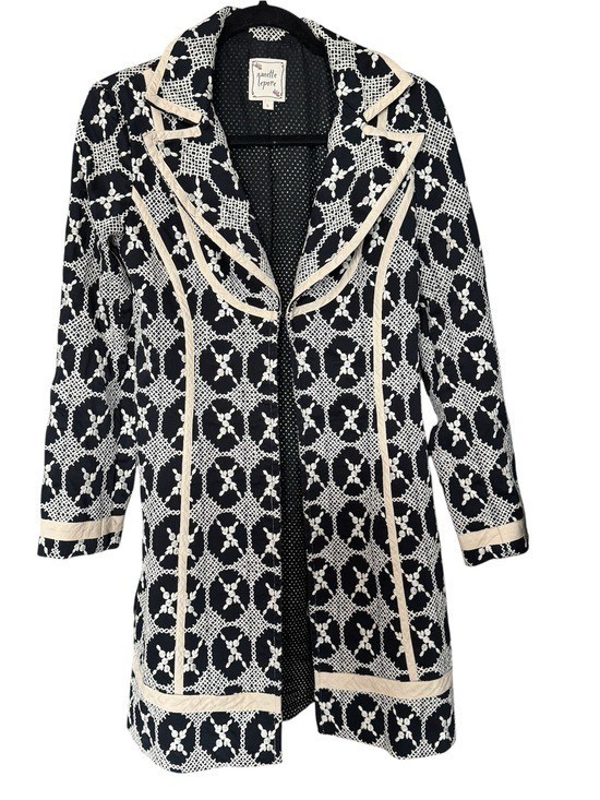 Vintage Nanette Lepore USA Black & Cream Embroidered Cotton Long Jacket Sz 6
