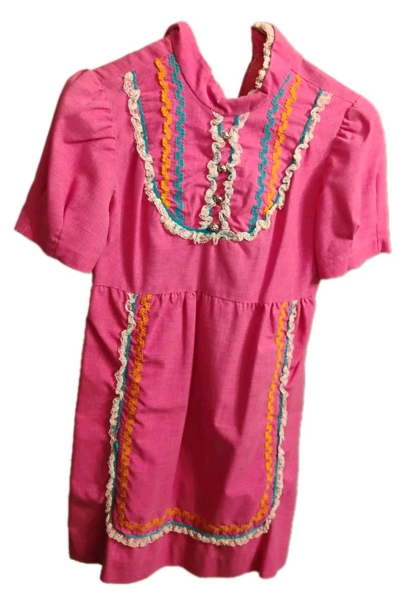 Vintage 1960s Handmade Pink Children’s Dress White Lace Rick Rack Trim Cotton