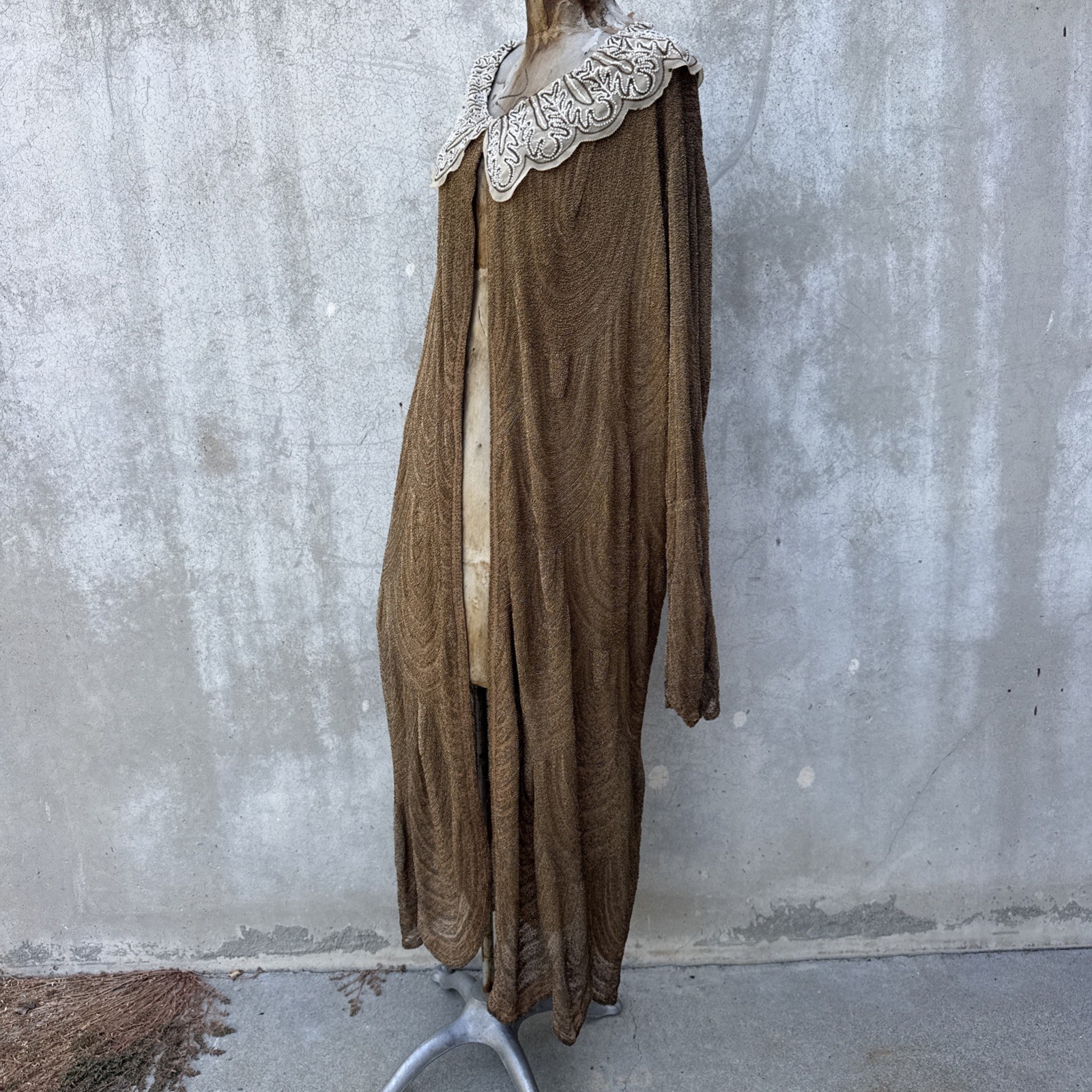 Antique 1920s Completely Beaded Gold Coat Scalloped Hem Art Deco Net Vintage