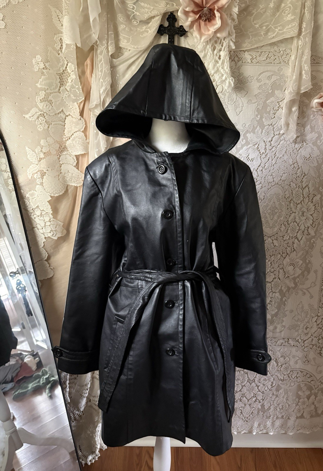 Bagatelle Black Leather Hooded Coat Belted Women’s Style 02-2244-8