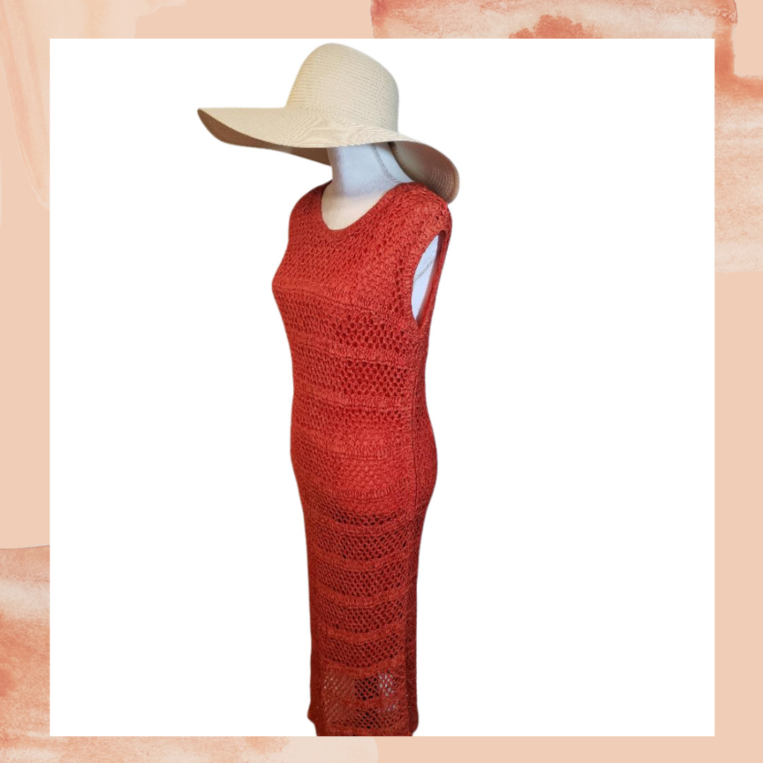 J. Mangnin Vintage Rust Crochet Net Shift Dress Size Medium